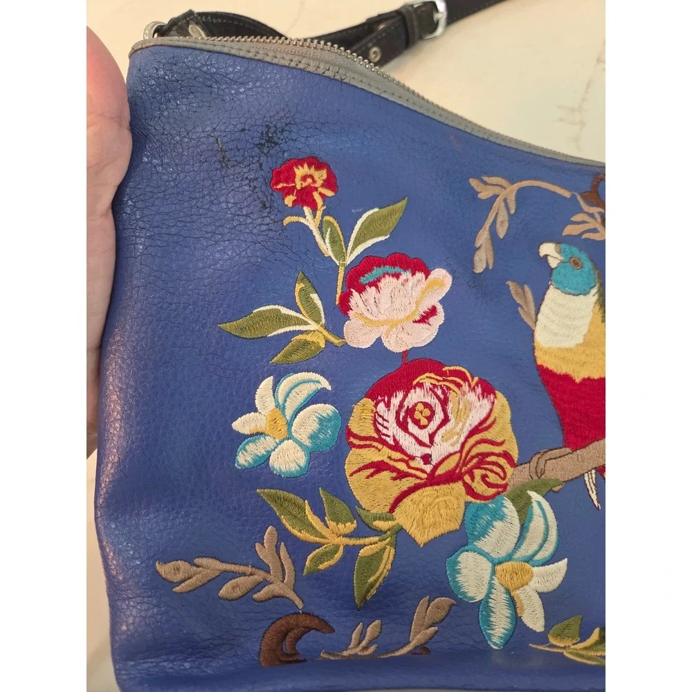 Sharif Crossbody Bag Medium Blue Embroidered Parrot Floral Tassel Leather